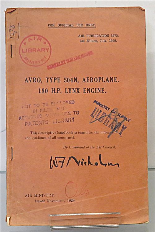 Avro, Type 504N, Aeroplane. 180 H.P. Lynx Engine 