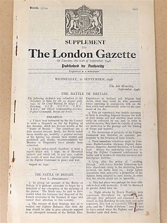 Supplement to The London Gazette: The Battle of Britain (11th September 1946)